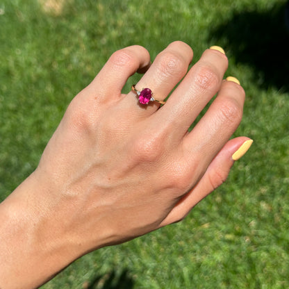 Estate 18KT Yellow Gold Oval Pink Tourmaline + Diamond Ring