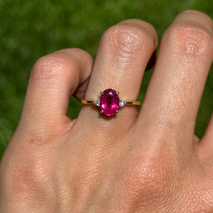 Estate 18KT Yellow Gold Oval Pink Tourmaline + Diamond Ring