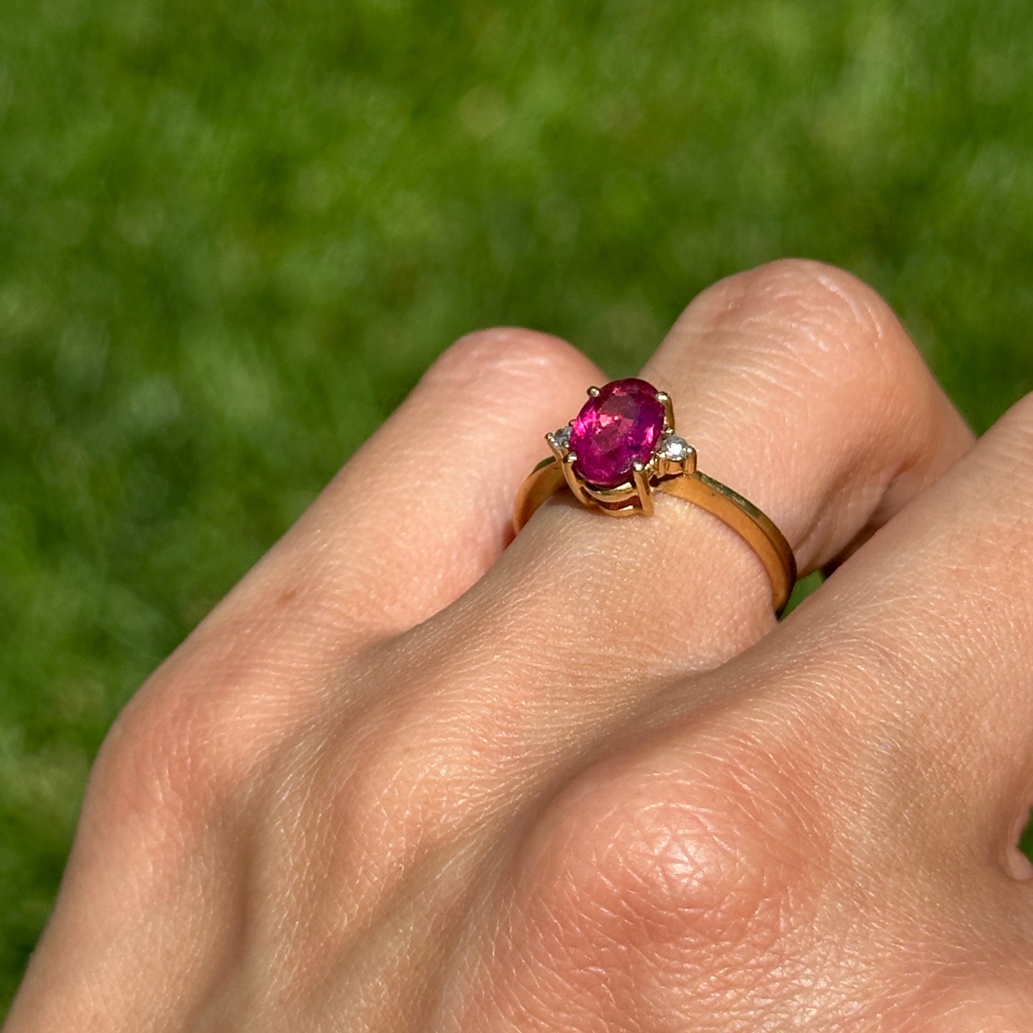 Estate 18KT Yellow Gold Oval Pink Tourmaline + Diamond Ring