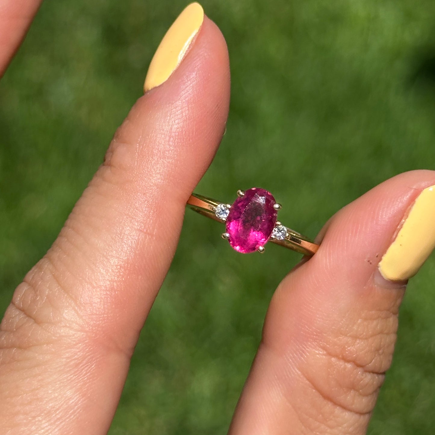 Estate 18KT Yellow Gold Oval Pink Tourmaline + Diamond Ring