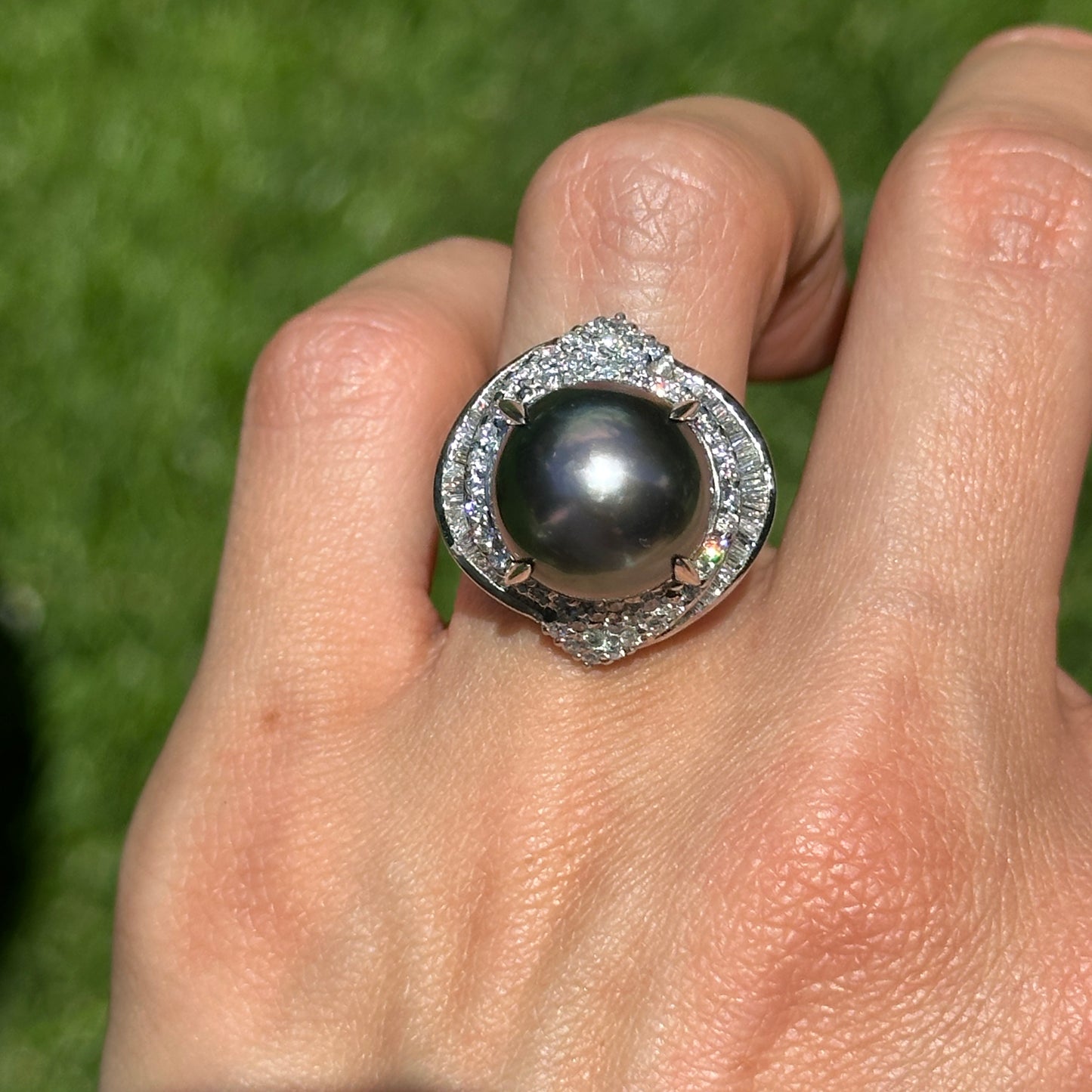 Estate Platinum Gray Tahitian Pearl + Diamond Cluster Ring
