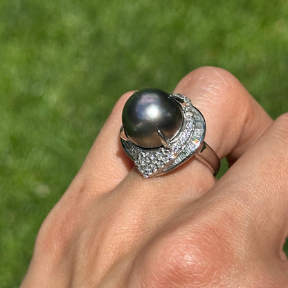 Estate Platinum Gray Tahitian Pearl + Diamond Cluster Ring
