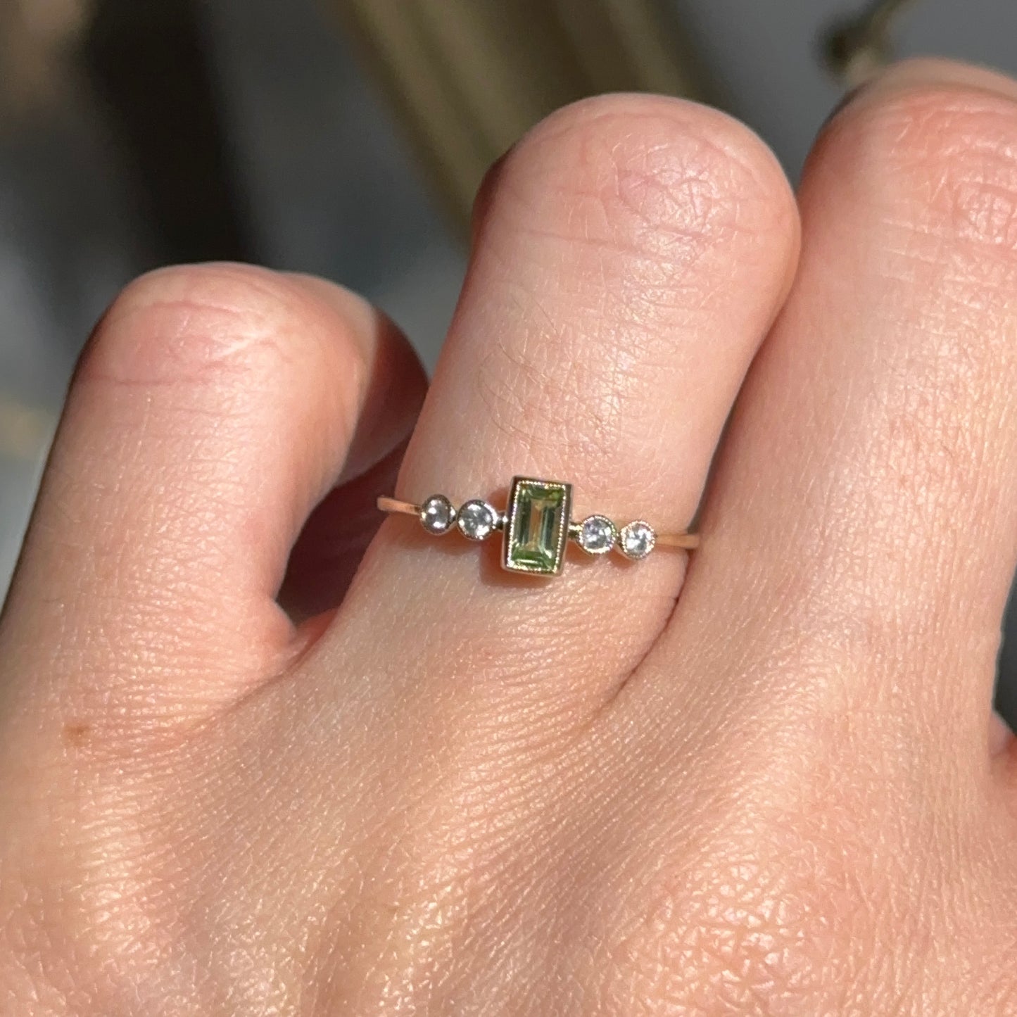 Estate 10KT Yellow Gold Emerald-Cut Green Peridot + Diamond Accent Ring Size 6.5