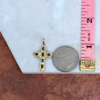 Estate 18KT Yellow Gold Emerald Ornate Cross Pendant