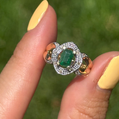 Estate 14KT Yellow Gold .55 CT Emerald-Cut Emerald + Diamond Ring
