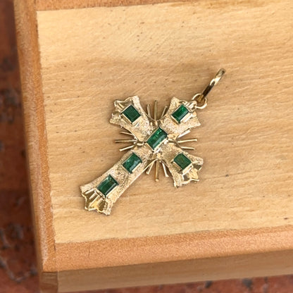 Estate 18KT Yellow Gold Emerald Ornate Cross Pendant