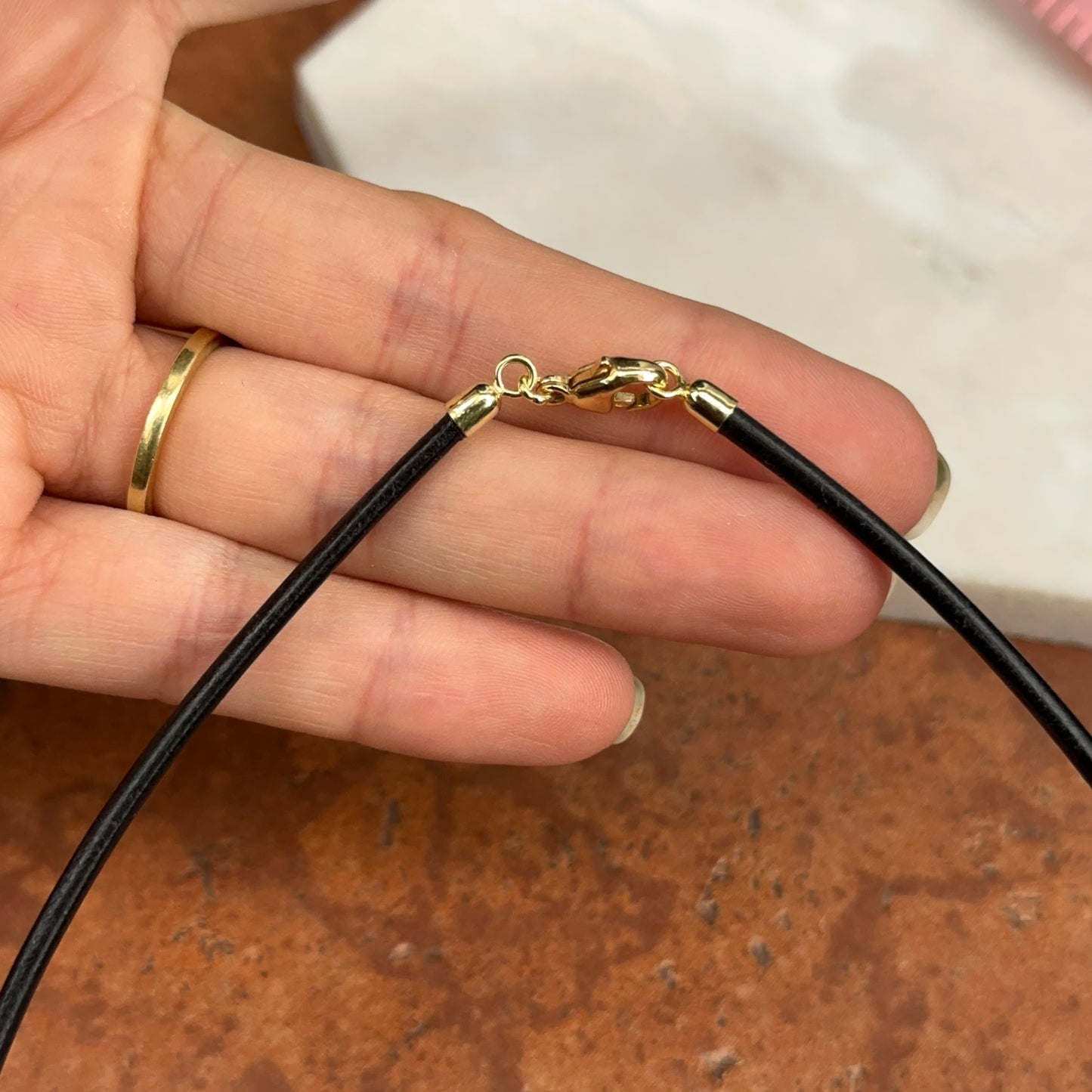 14KT Yellow Gold Black 3mm Leather Cord Necklace