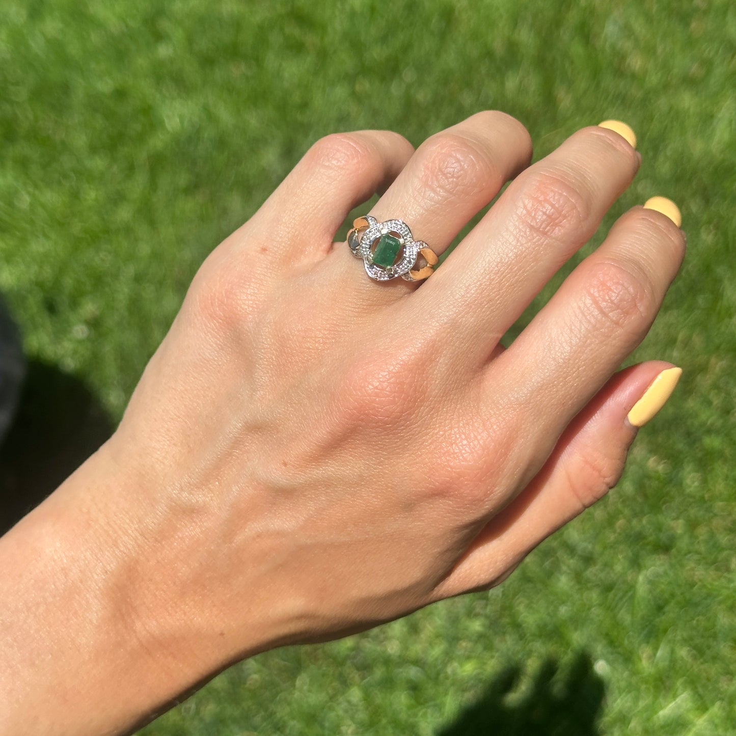 Estate 14KT Yellow Gold .55 CT Emerald-Cut Emerald + Diamond Ring