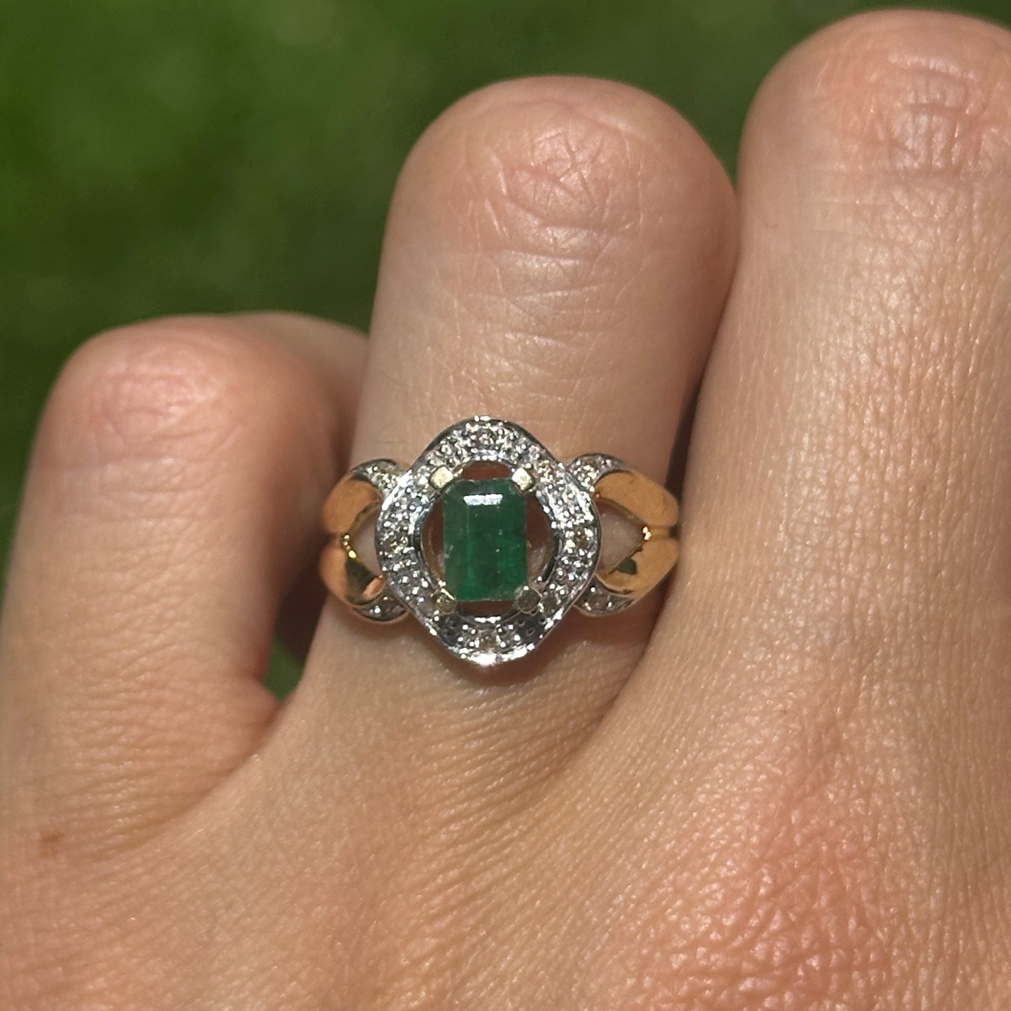 Estate 14KT Yellow Gold .55 CT Emerald-Cut Emerald + Diamond Ring