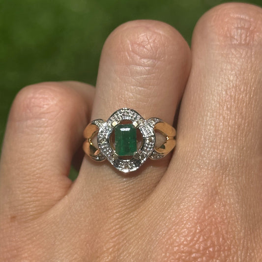Estate 14KT Yellow Gold .55 CT Emerald-Cut Emerald + Diamond Ring
