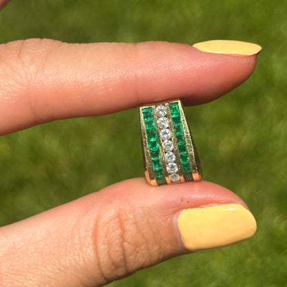 Estate 14KT Yellow Gold Emerald + Diamond Channel-Set Slide Pendant