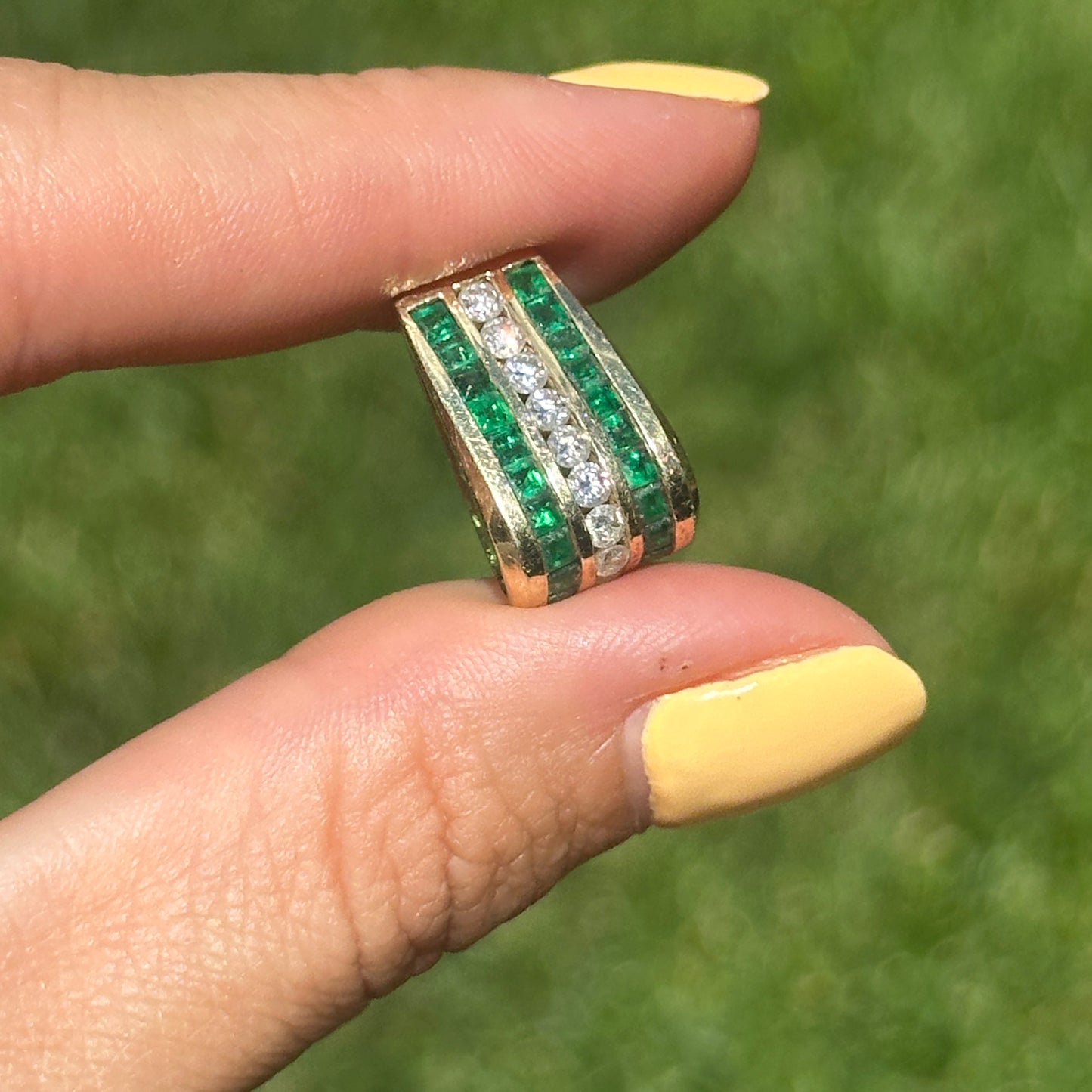 Estate 14KT Yellow Gold Emerald + Diamond Channel-Set Slide Pendant