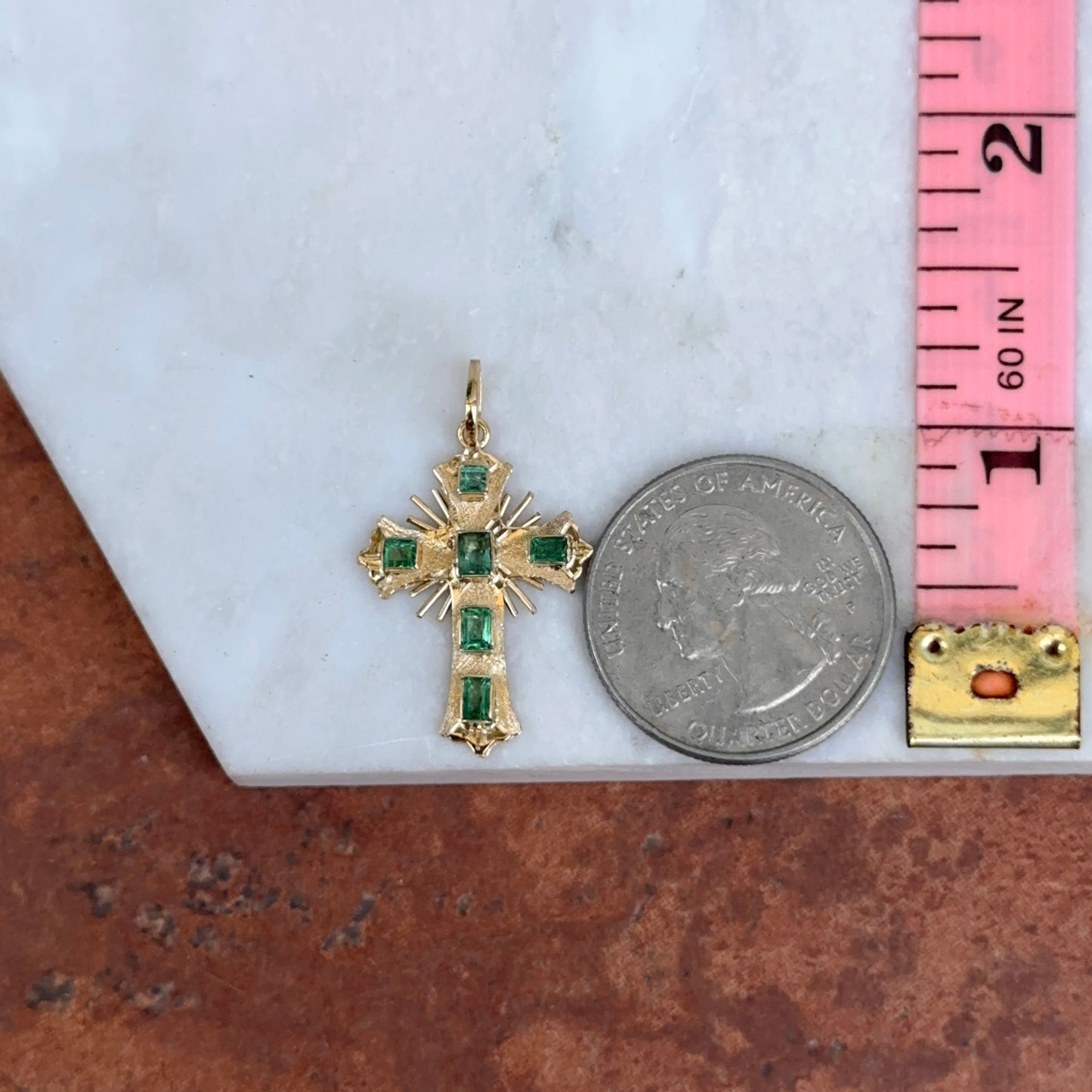 Estate 18KT Yellow Gold Emerald Ornate Cross Pendant