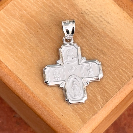 14KT White Gold Polished + Satin Four Way Cross Pendant 18mm