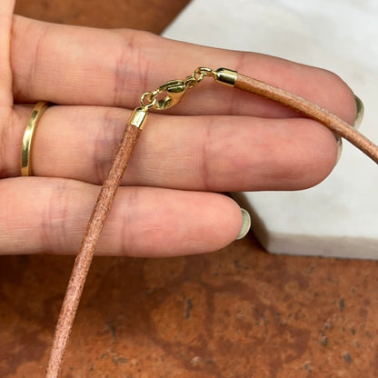 14KT Yellow Gold Natural Brown 3mm Leather Cord Necklace