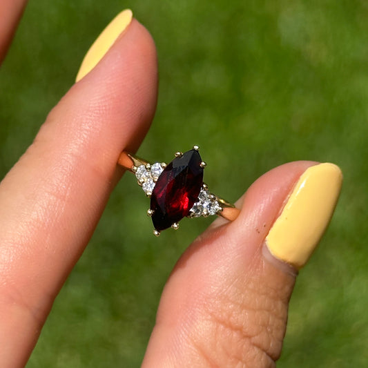 Estate 18KT Yellow Gold Marquise Garnet + Diamond Ring