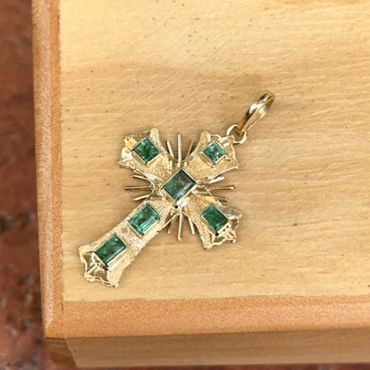 Estate 18KT Yellow Gold Emerald Ornate Cross Pendant