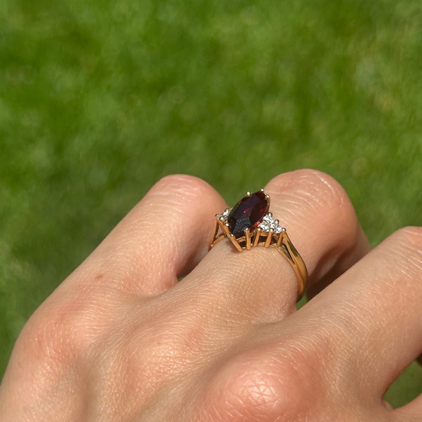 Estate 18KT Yellow Gold Marquise Garnet + Diamond Ring