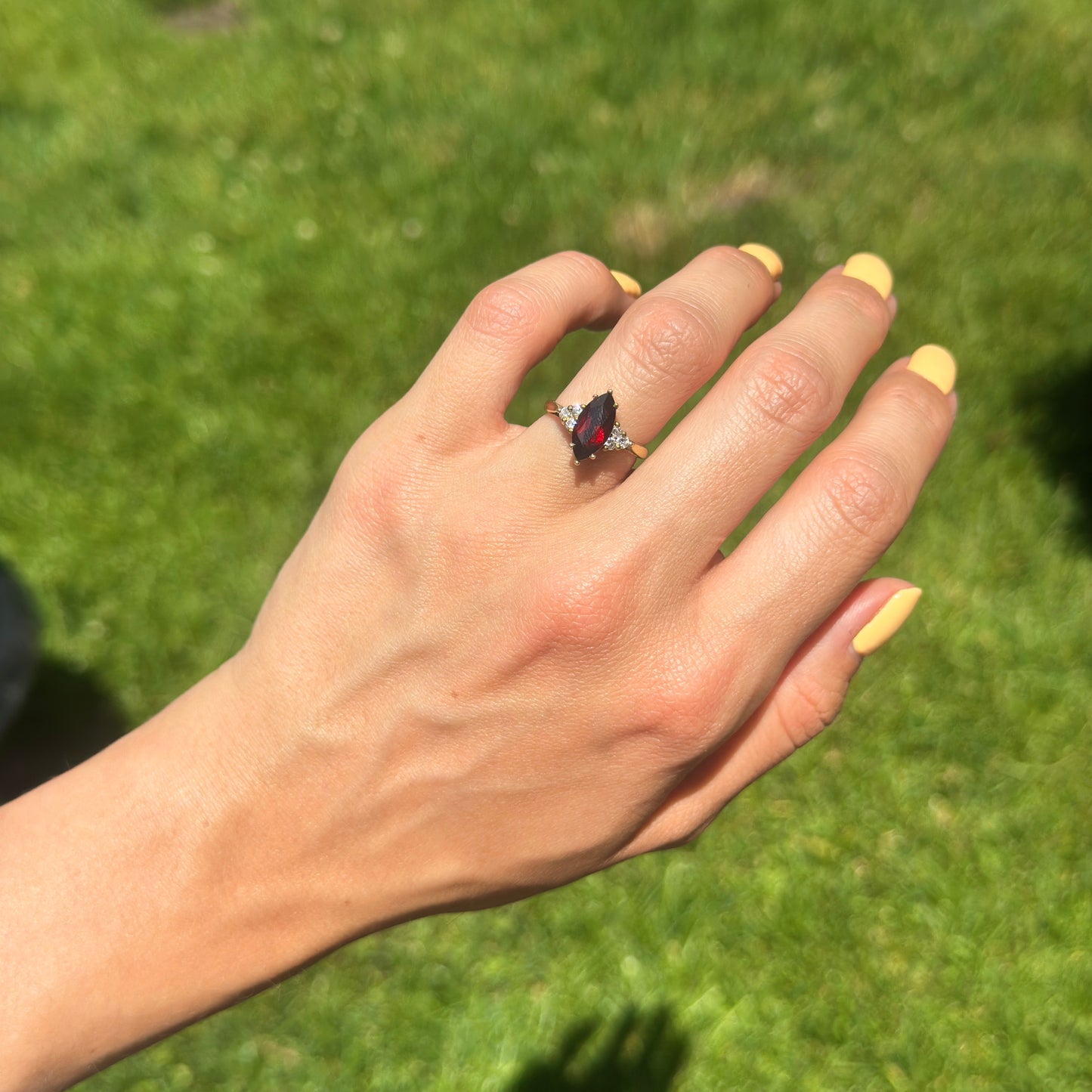 Estate 18KT Yellow Gold Marquise Garnet + Diamond Ring