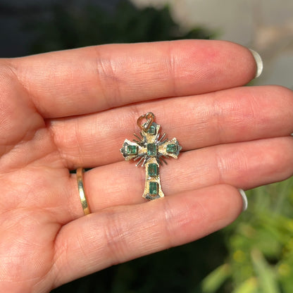 Estate 18KT Yellow Gold Emerald Ornate Cross Pendant