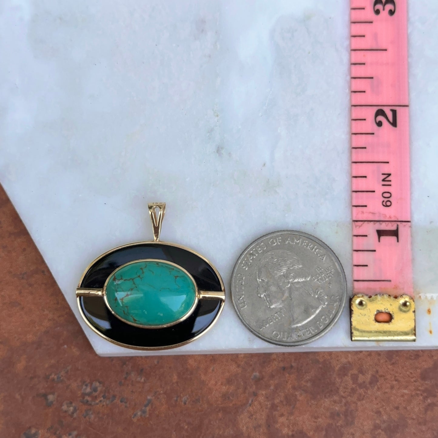 Estate 14KT Yellow Gold Oval Black Onyx + Variscite Pendant