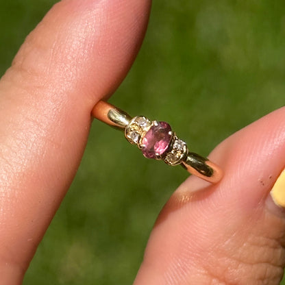Estate 18KT Yellow Gold Oval Pink Tourmaline + Diamond Ring