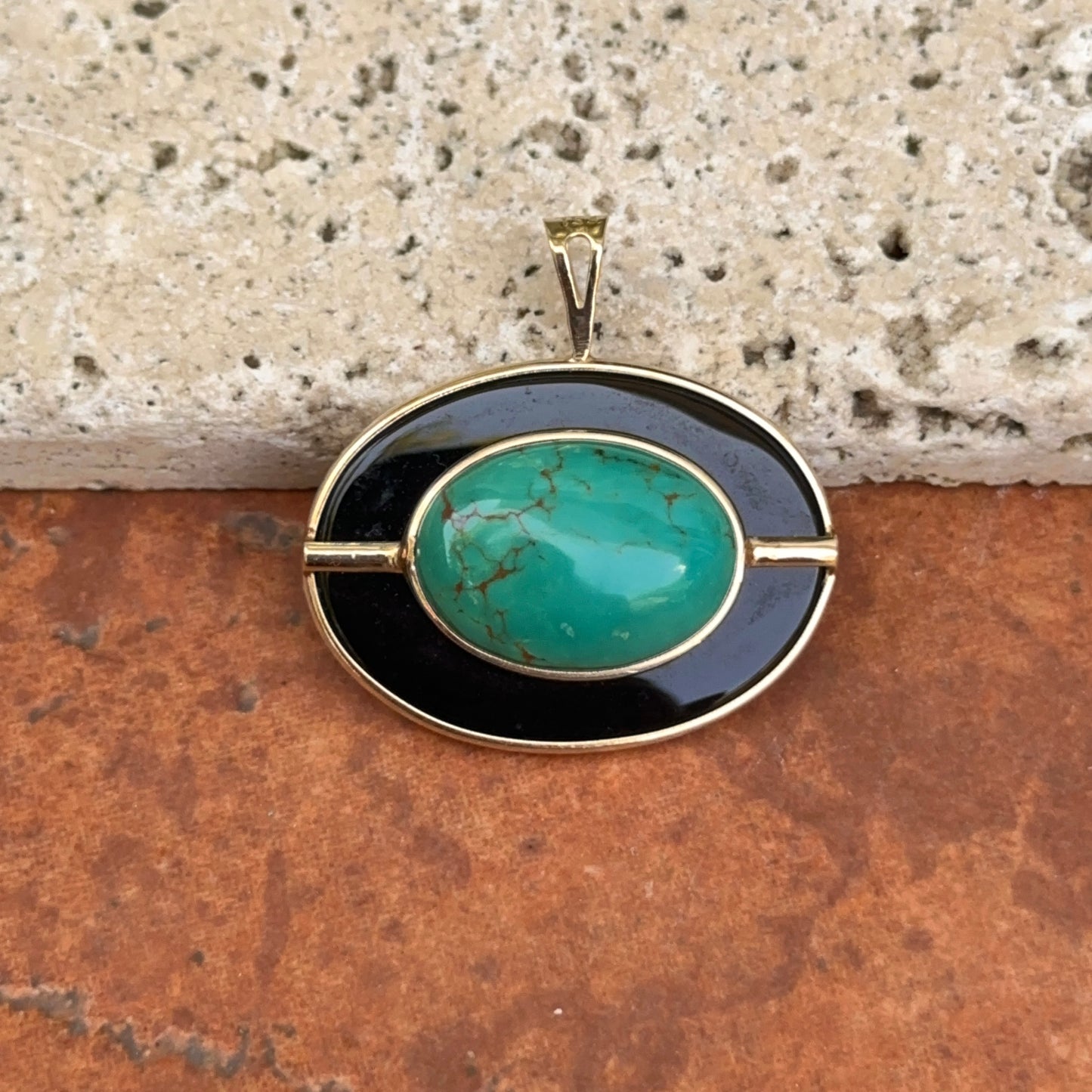 Estate 14KT Yellow Gold Oval Black Onyx + Variscite Pendant