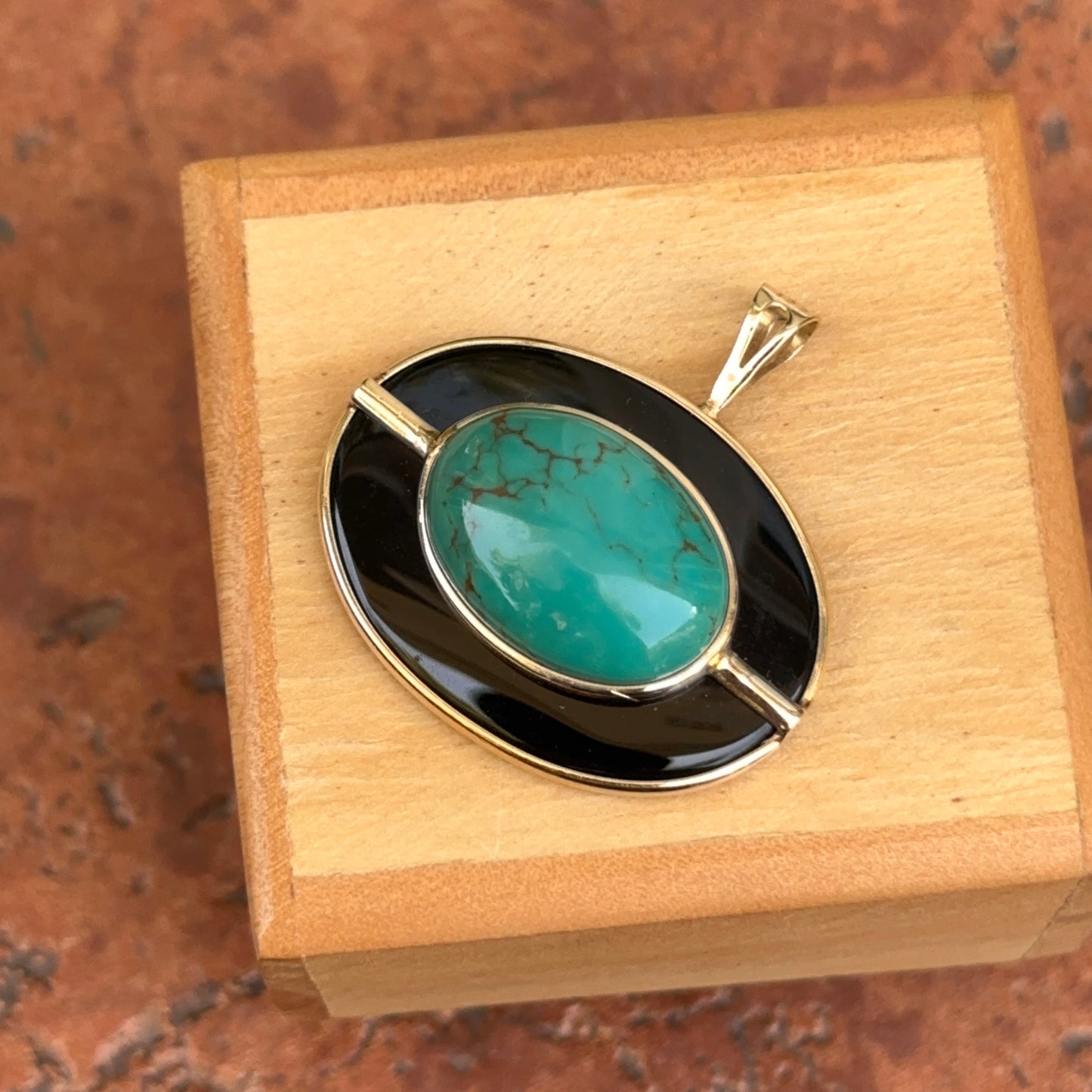 Estate 14KT Yellow Gold Oval Black Onyx + Variscite Pendant