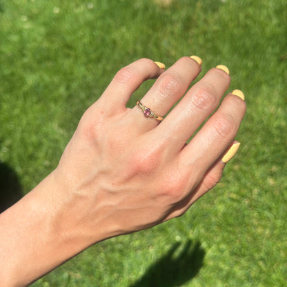 Estate 18KT Yellow Gold Oval Pink Tourmaline + Diamond Ring
