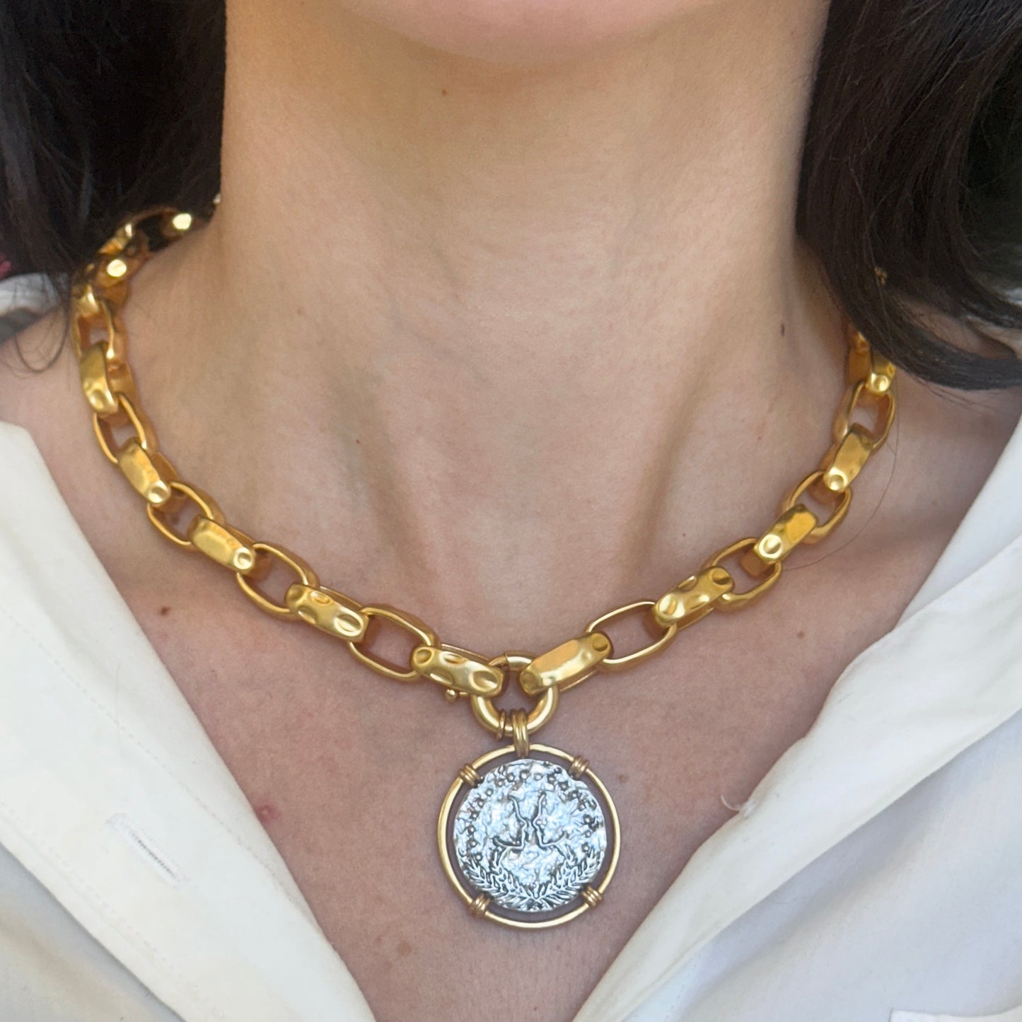 Estate Gold-Tone Replica Coin Chunky Toggle Chain Necklace
