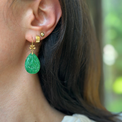 Estate 14KT Yellow Gold Carved Phoenix Jade Teardrop Dangle Earrings