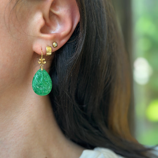 Estate 14KT Yellow Gold Carved Phoenix Jade Teardrop Dangle Earrings