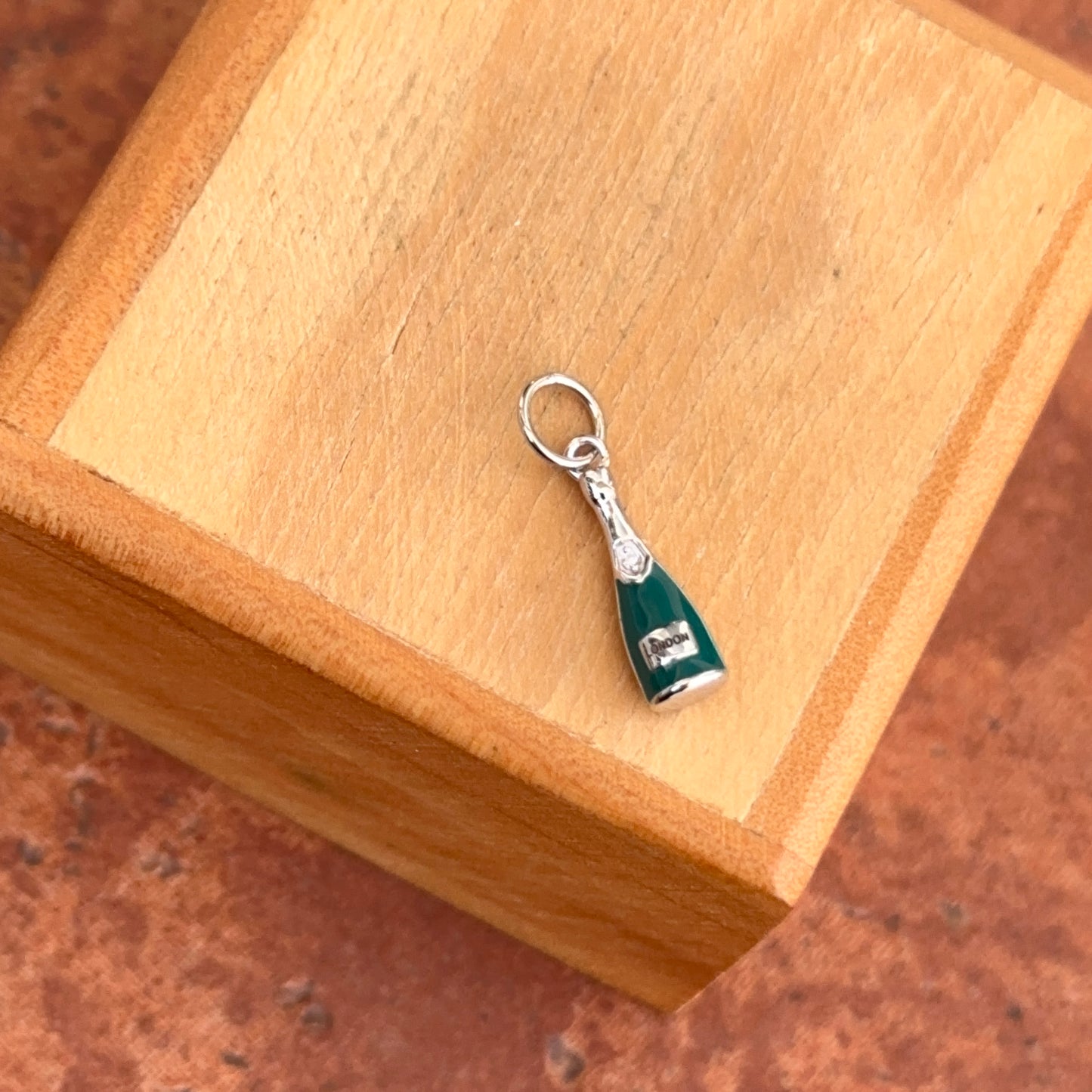 14KT White Gold Diamond + Turquoise Enamel Mini Champagne Bottle Charm Pendant