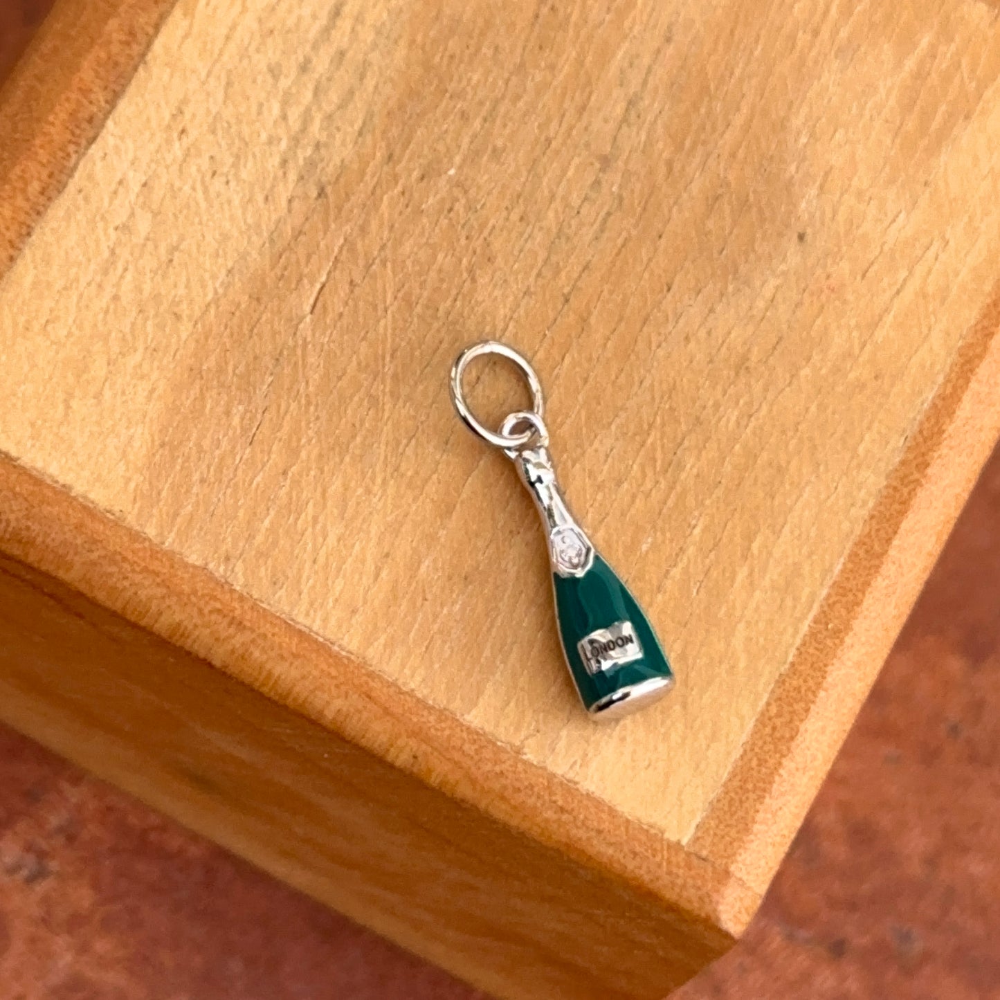 14KT White Gold Diamond + Turquoise Enamel Mini Champagne Bottle Charm Pendant