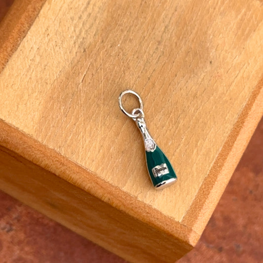 14KT White Gold Diamond + Turquoise Enamel Mini Champagne Bottle Charm Pendant