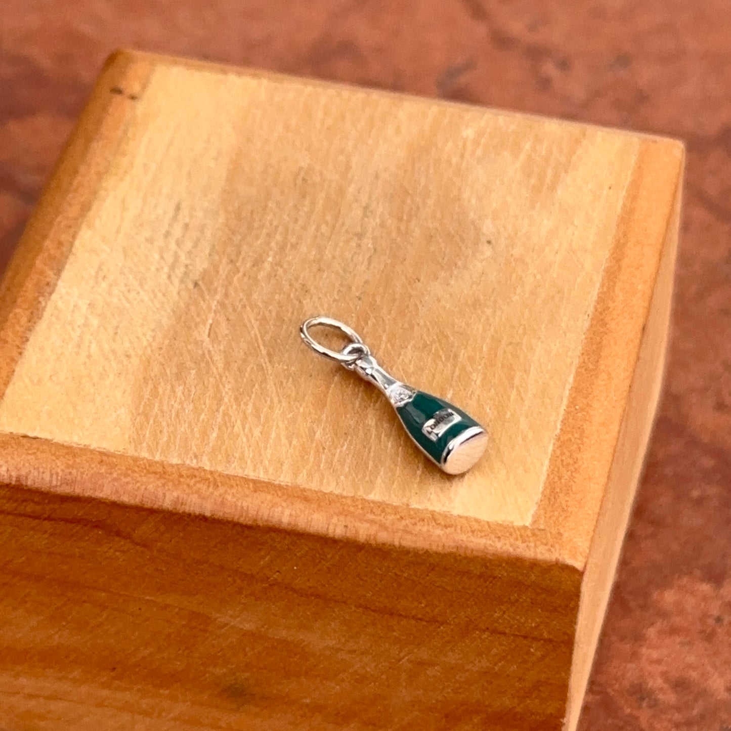 14KT White Gold Diamond + Turquoise Enamel Mini Champagne Bottle Charm Pendant