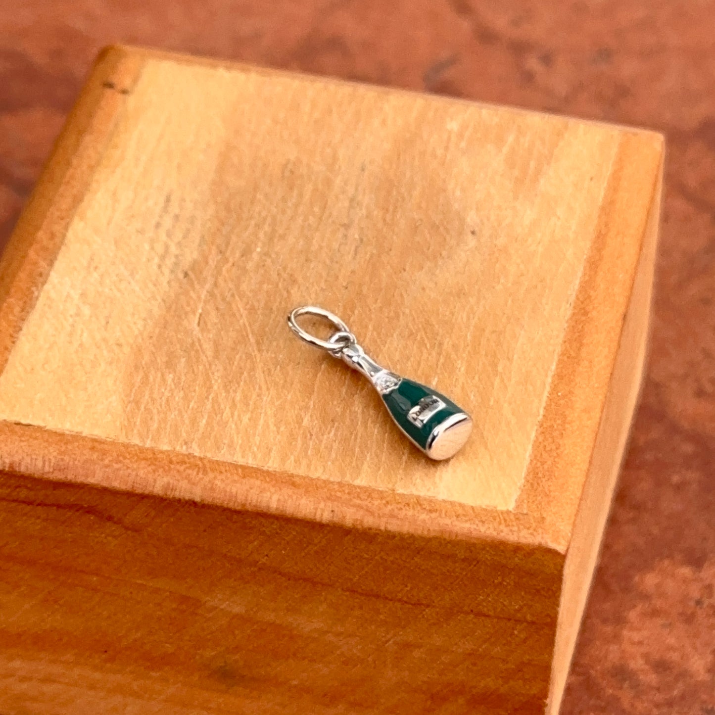 14KT White Gold Diamond + Turquoise Enamel Mini Champagne Bottle Charm Pendant