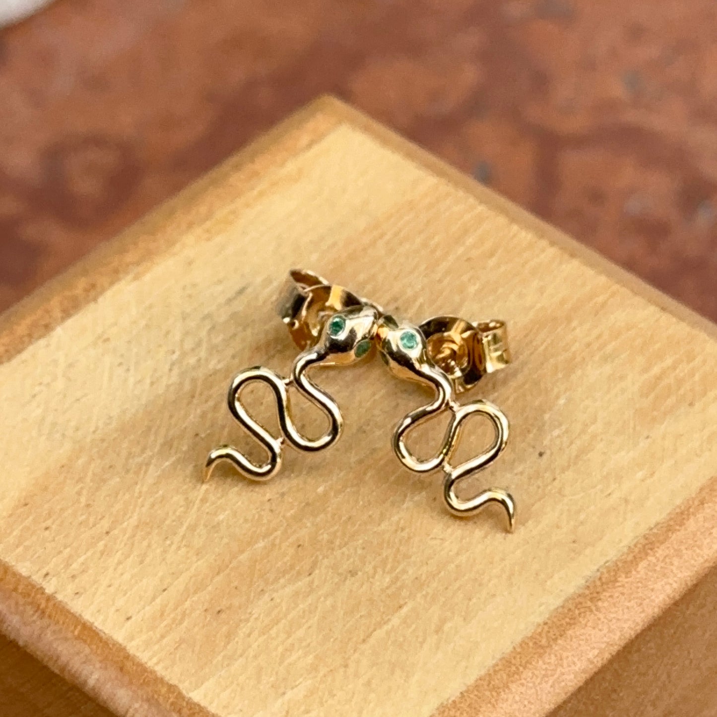 Estate 18KT Yellow Gold Emerald Eye Snake Stud Earrings