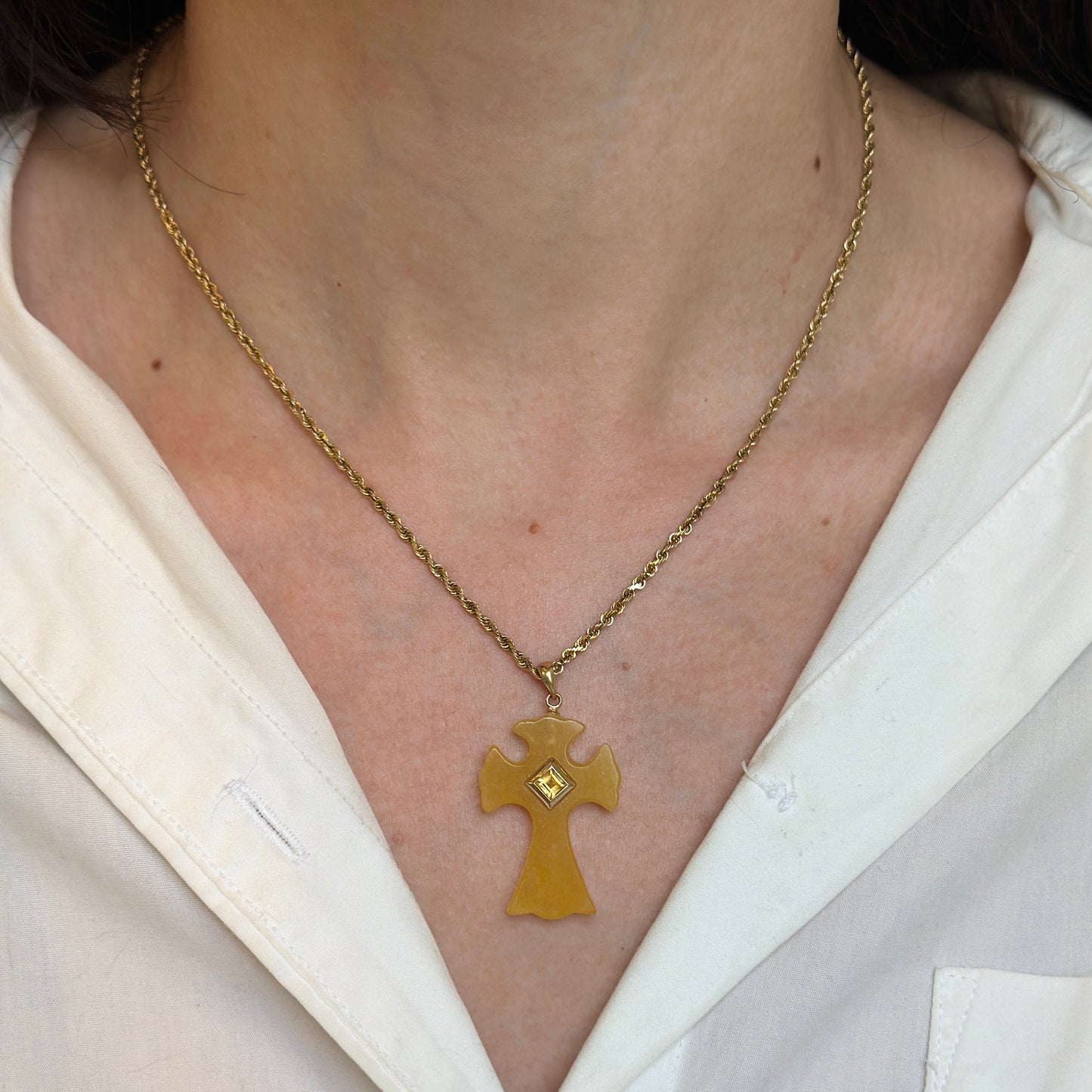 14KT Yellow Gold Yellow Jade + Square Citrine Cross Pendant&nbsp;