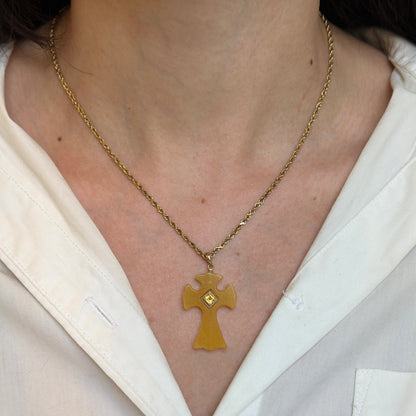 14KT Yellow Gold Yellow Jade + Square Citrine Cross Pendant&nbsp;