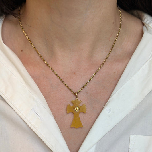 14KT Yellow Gold Yellow Jade + Square Citrine Cross Pendant&nbsp; - LSJ