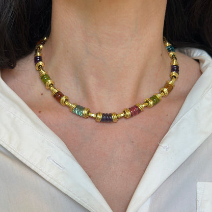 Estate 18KT Yellow Gold Multi-Gemstone Heavy Link Collar Necklace