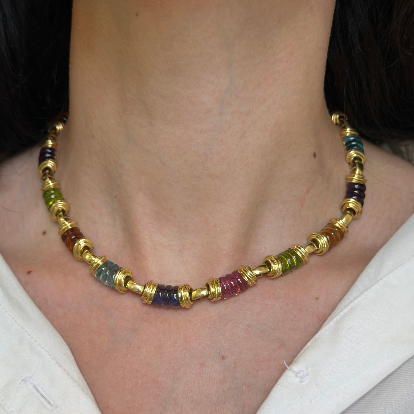 Estate 18KT Yellow Gold Multi-Gemstone Heavy Link Collar Necklace