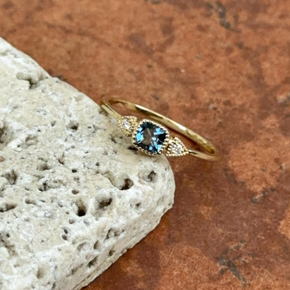 Estate 10KT Yellow Gold Cushion-Cut London Blue Topaz + Diamond Accent Ring Size 6.5