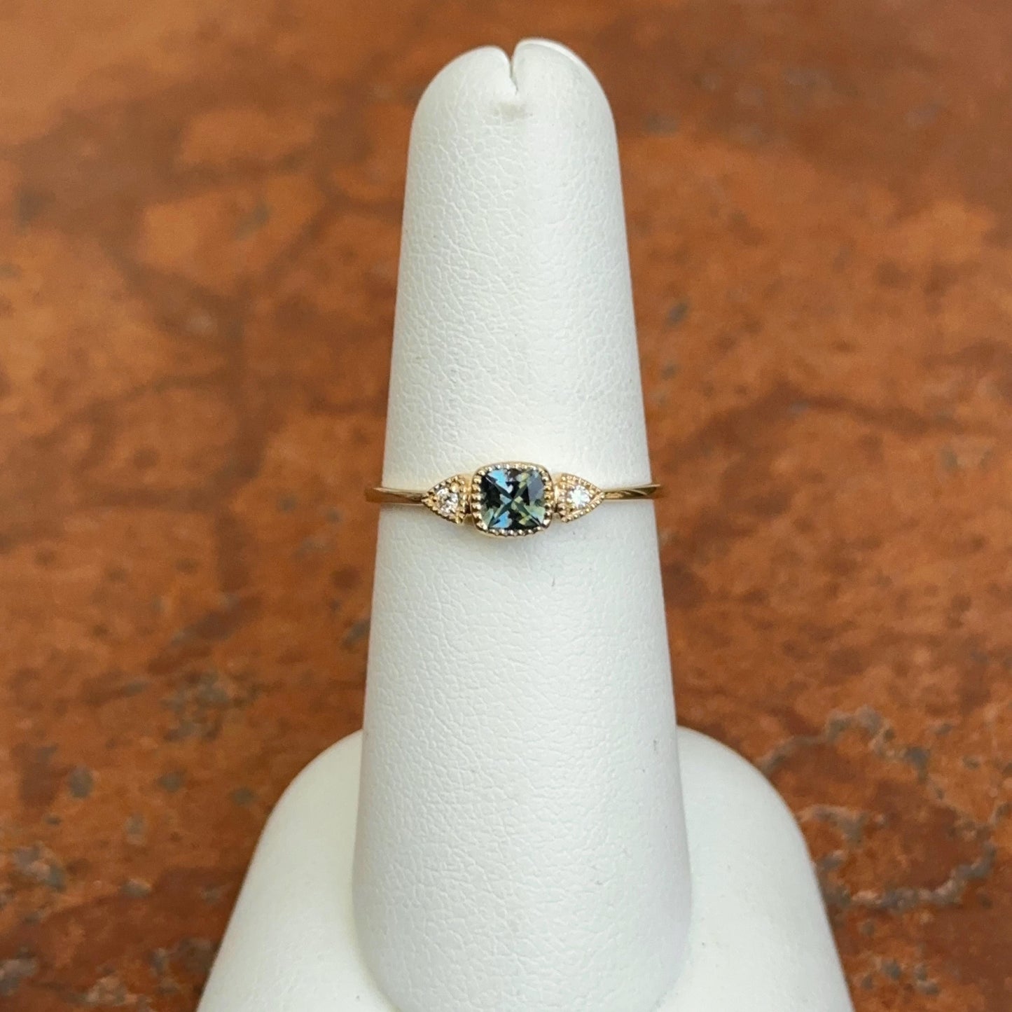 Estate 10KT Yellow Gold Cushion-Cut London Blue Topaz + Diamond Accent Ring Size 6.5