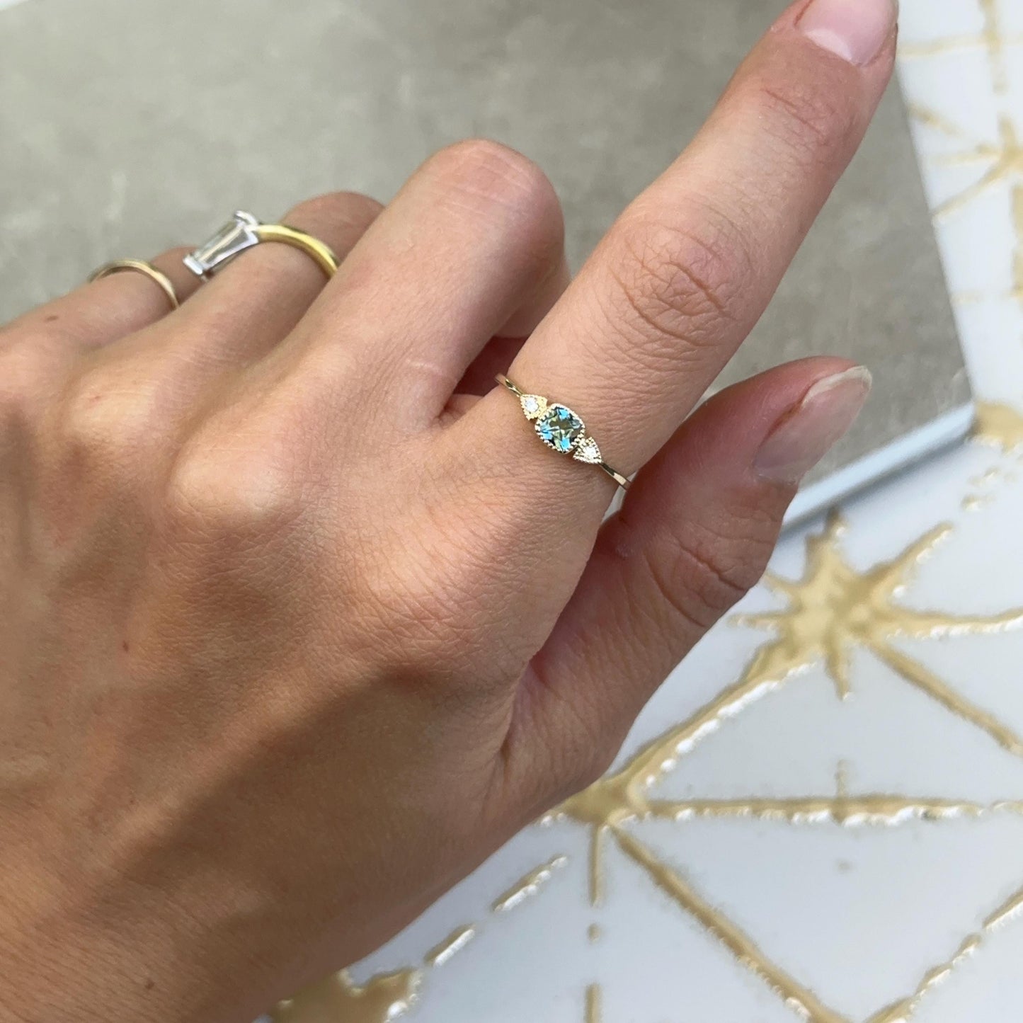 Estate 10KT Yellow Gold Cushion-Cut London Blue Topaz + Diamond Accent Ring Size 6.5