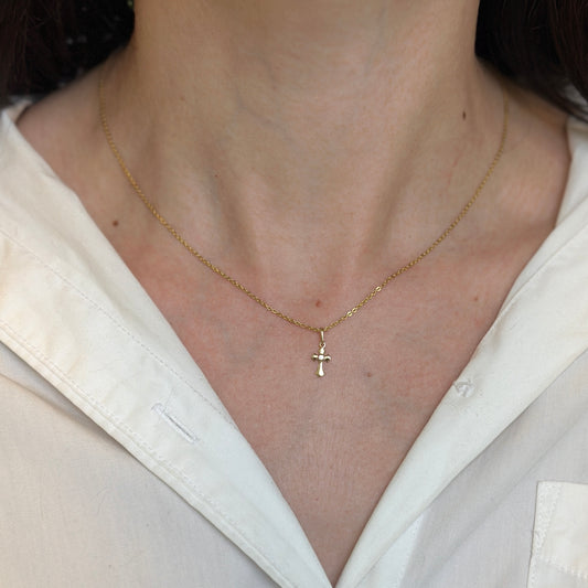 14KT Yellow Gold Mini CZ Stone Cross Pendant Charm