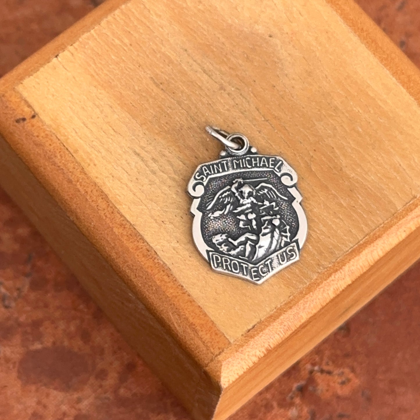 Sterling Silver Polished Saint Michael Badge Medal Pendant 16.5mm x 14mm