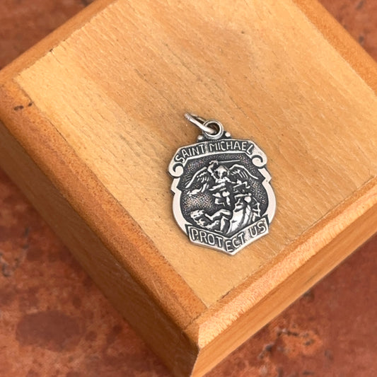 Sterling Silver Polished Saint Michael Badge Medal Pendant 16.5mm x 14mm