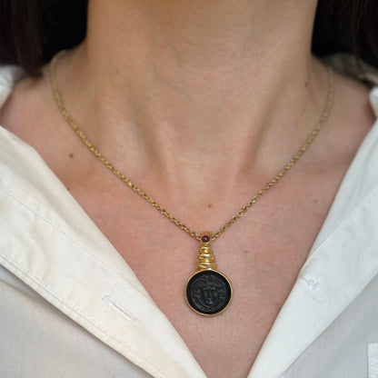 Estate 14KT Yellow Gold Carved Onyx Medusa Intaglio + Ruby Pendant